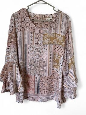 Boho Patchwork Print Blouse - Pink & Tan